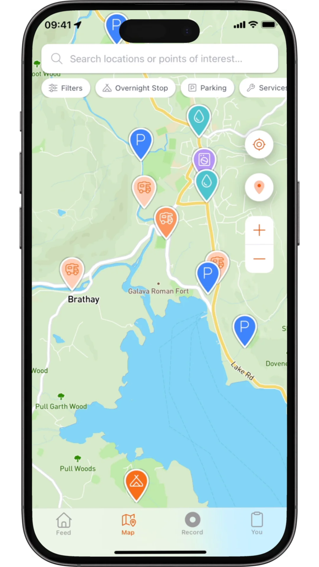 EveryVoyage Karte mit Campingplätzen, Parkplätzen und nützlichen Orten