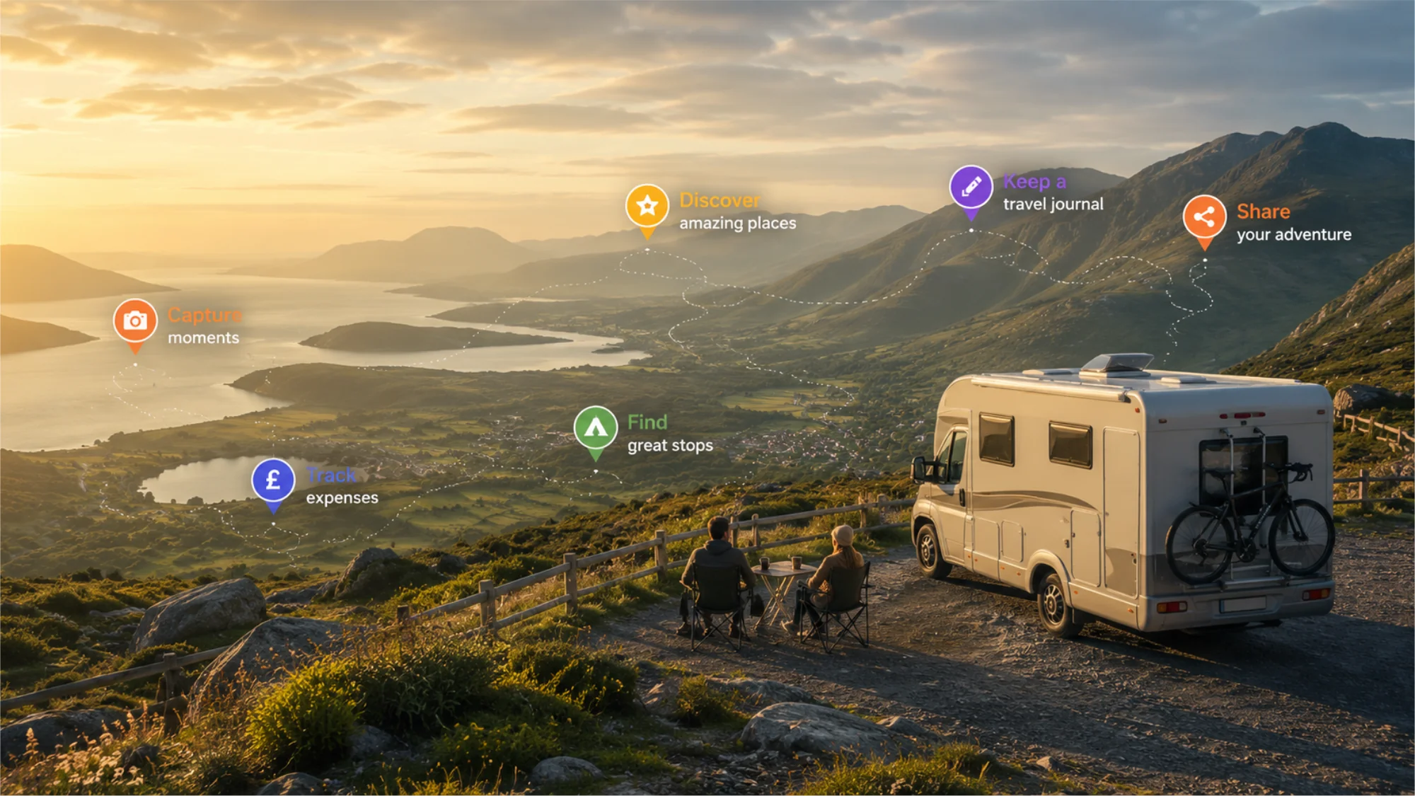 Wohnmobil-Roadtrip mit Blick über ein Bergtal und Markierungen für Tracking, Stellplätze, Reisetagebuch, Teilen und Entdecken.