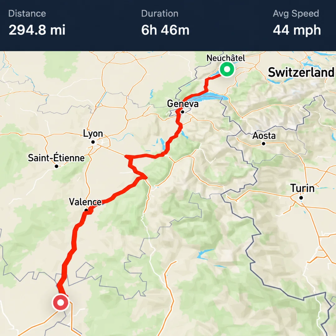 Recorded road trip route on a map