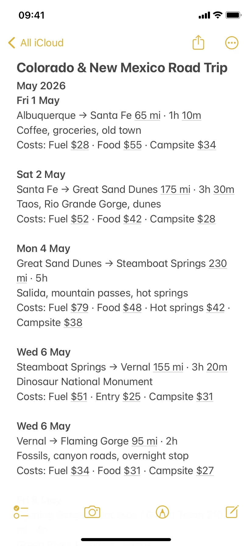 Road trip notes and costs stored separately