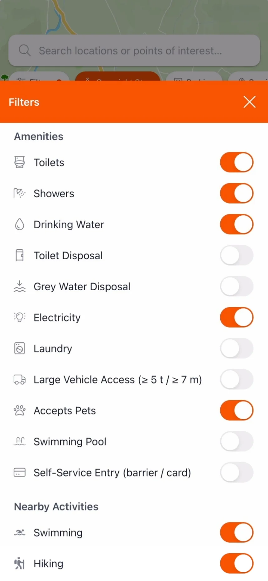EveryVoyage filters for choosing road trip stops