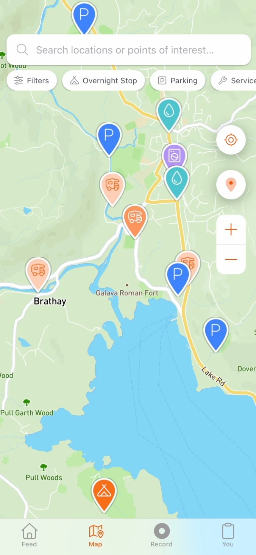 EveryVoyage map showing campsites and useful places