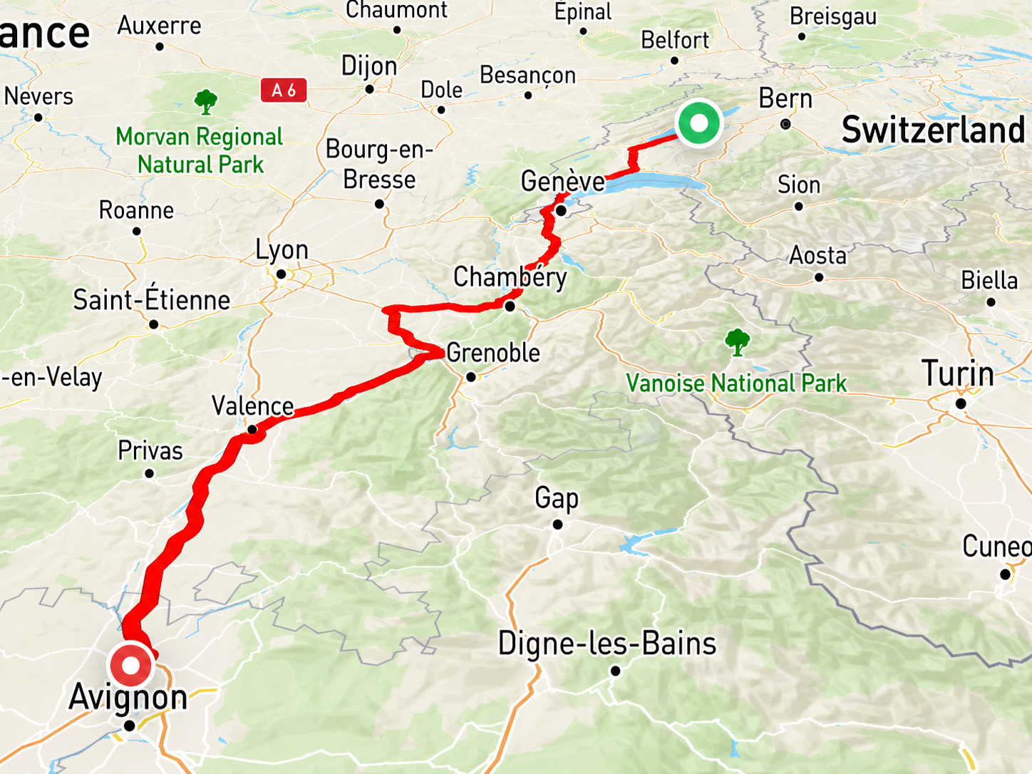 EveryVoyage Trip-Karte eines Roadtrips durch die Schweiz
