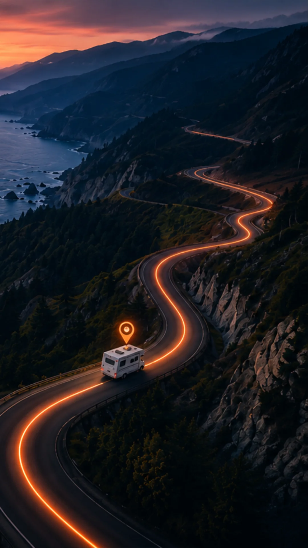A motorhome travelling along a glowing recorded route